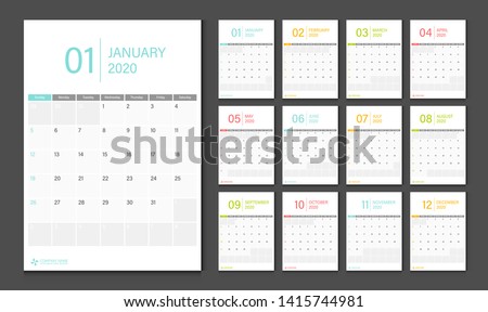 Calendar 2020. Week start Sunday corporate design planner template.