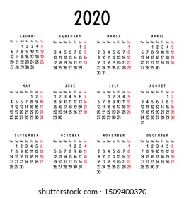 Calendar 2020. Week starts from Monday. Vector illustration.