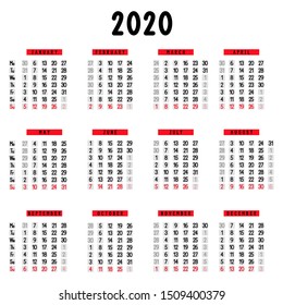 Calendar 2020. Week starts from Monday. Vector illustration.