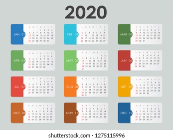 Calendar 2020. Week starts on Sunday. Vector Stationery Design Print Template with Place for Photo, Your Logo and Text for annual calendar 2020

.