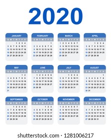 Calendar 2020. Week starts on Sunday. Basic blue grid color - template for annual calendar 2020
