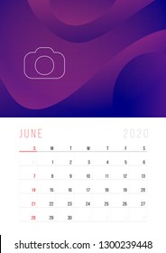 Calendar 2020. Week Starts on Sunday. A3 format ready to print.  June month
