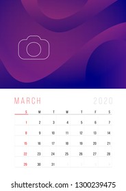 Calendar 2020. Week Starts on Sunday. A3 format ready to print.  March month