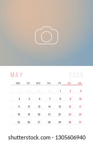 Calendar 2020. Week Starts on Monday. A3 format ready to print.  May month