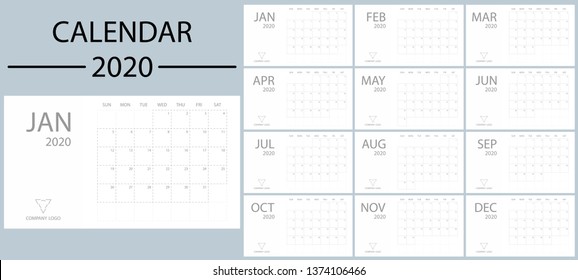 Calendar 2020 with week starts on Sunday. Minimal planner vector template date desk. Modern design office organizer. Schedule number style diary. January february march april may june and others month