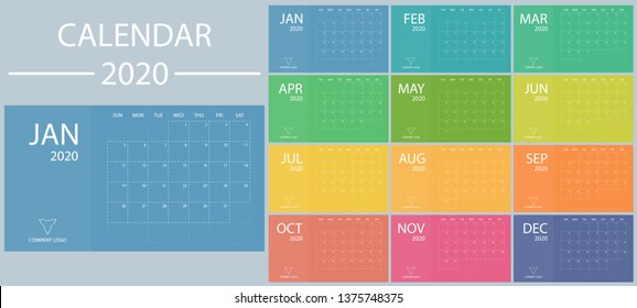 Calendar 2020 with week starts on Sunday. Minimal planner vector template date desk. Modern design office organizer. Schedule number style diary. January february march april may june and others month