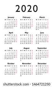 calendar 2020, week starts on Monday, basic business template. vector illustration
