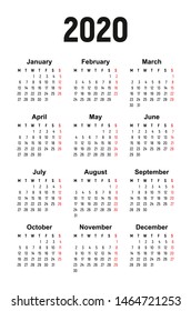 calendar 2020, week starts on Monday, basic business template. vector illustration