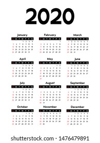 calendar 2020, week starts on Sunday, basic business template. vector illustration