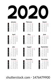 calendar 2020, week starts on Sunday, basic business template. vector illustration