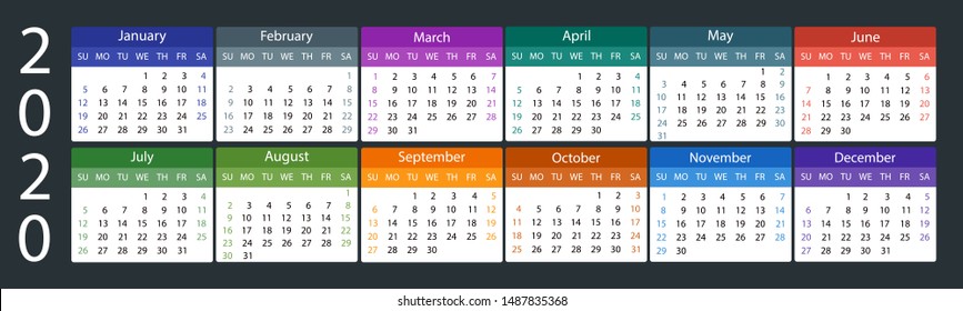 Calendar 2020. Week starts on Sunday.Colorful design on dark background. Vector illustration