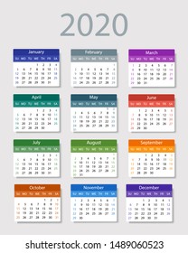 Calendar 2020. Week starts on Sunday.Colorful design on light background. Vector illustration