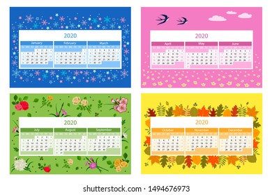Calendar 2020. Week starts on Sunday.Colorful design on white background. Vector illustration