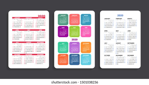 Calendar 2020. Week starts on Sunday. 3 different grids in portrait orientation. Week starts on Sunday.