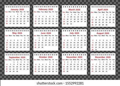 Calendar 2020. Week starts on Sunday. Planner for 12 months. Vector
