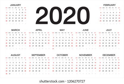 calendar 2020, Week starts from Sunday, business template