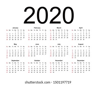 Calendar 2020. Week starts from Sunday, business template. Isolated vector illustration on white background.
