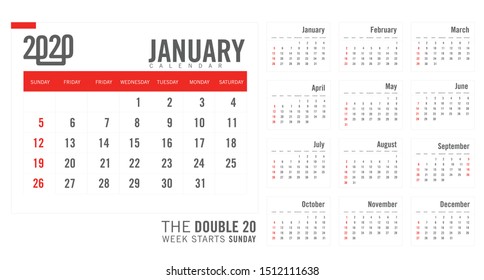 Calendar 2020. Week starts Sunday