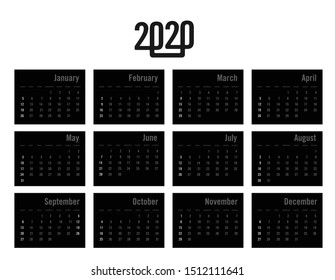 Calendar 2020. Week starts Sunday