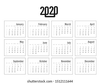 Calendar 2020. Week starts Sunday