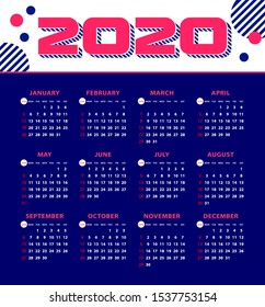 Calendar 2020 week starts from sunday and blue background