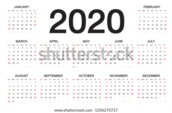 Calendario Para 2020 La Semana Comienza Domingo Diseno Simple Del