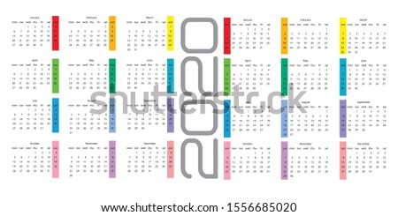 Calendar 2020 with weekends at the beginning of the week and at the end of the week. Calendar grid.