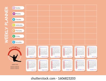 Calendar for 2020 and weekly planner for fitness center. Week starts on Sunday.