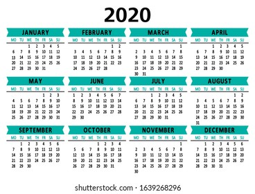 Calendar 2020. Weeks from Monday. Vector illustration