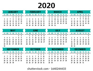 Calendar 2020. Weeks from Sunday. Vector illustration