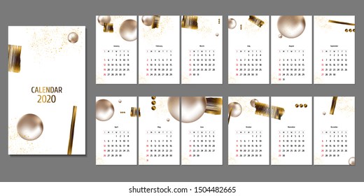 Calendar 2020 white gold background abstraction liquid style. Printable creative template with abstract elements and gradients