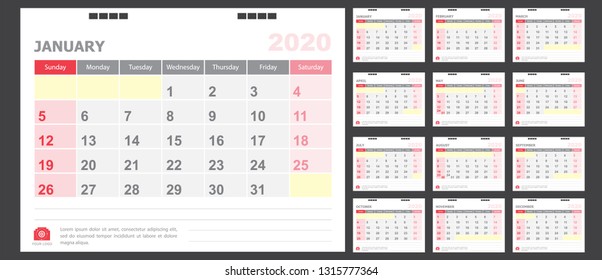 Calendar for 2020 White and red 