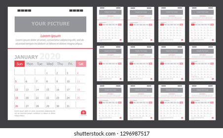 Calendar for 2020 White and red background