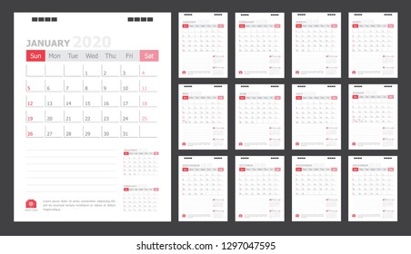 Calendar for 2020 White and red background