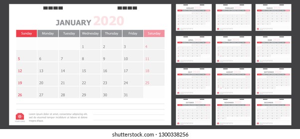 Calendar for 2020 White and red background