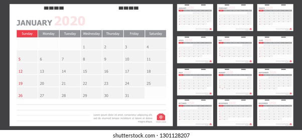 Calendar for 2020 White and red background