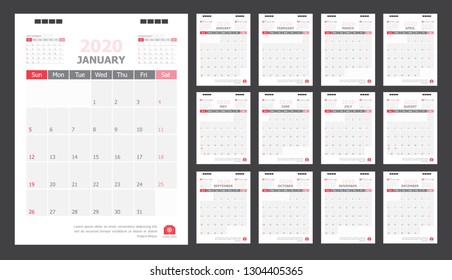 Calendar for 2020 White and red background