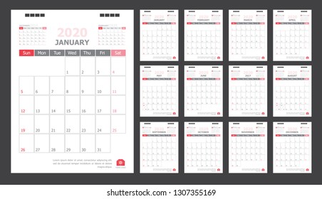 Calendar for 2020 White and red background