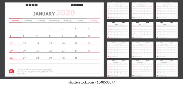 Calendar for 2020 White and red background