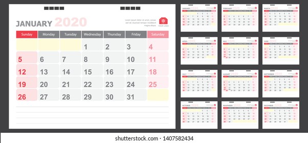 Calendar for 2020 White and red background