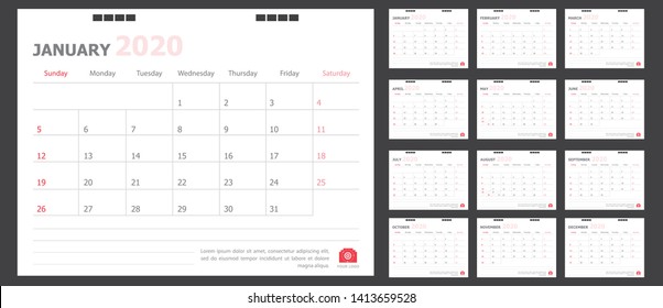 Calendar for 2020 White and red background