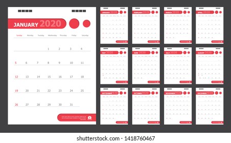 Calendar for 2020 White and red background
