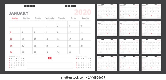 Calendar for 2020 White and red background