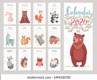 Calendar 2020 with Woodland characters. Cute forest animals. Vector illustration.