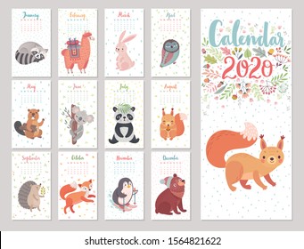 Calendar 2020 with Woodland characters. Cute forest animals. Vector illustration.