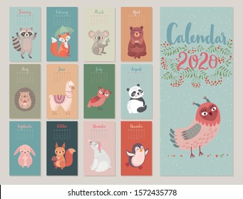 Calendar 2020 with Woodland characters. Cute forest animals. Vector illustration.