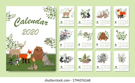 Calendar 2020 with Woodland characters. Cute forest animals. Bear, fox, rabbit, wolf, deer, raccoo.