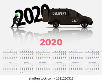 Calendar for 2020. A worker loads a huge number 2020 in the car. Vector banner