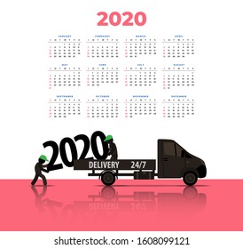 Calendar for 2020. Working movers unload huge figures 2020. Vector banner