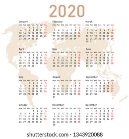 Calendar 2020 with world map. Week starts on Monday